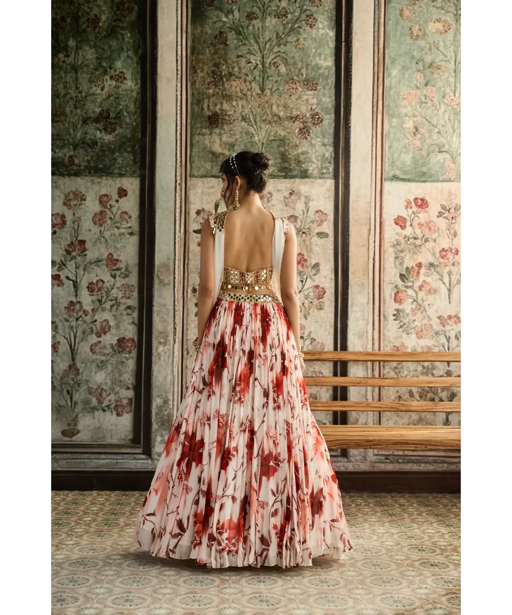 DIYARAJVVIR - IVORY & RUST FLORAL PRINTED LEHENGA SET